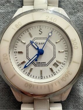 Stauer Ceramic White Women's Watch with Blue Hands